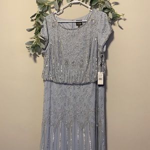 Adrianna Papell silver blue long beaded dress with sleeves modest 18w